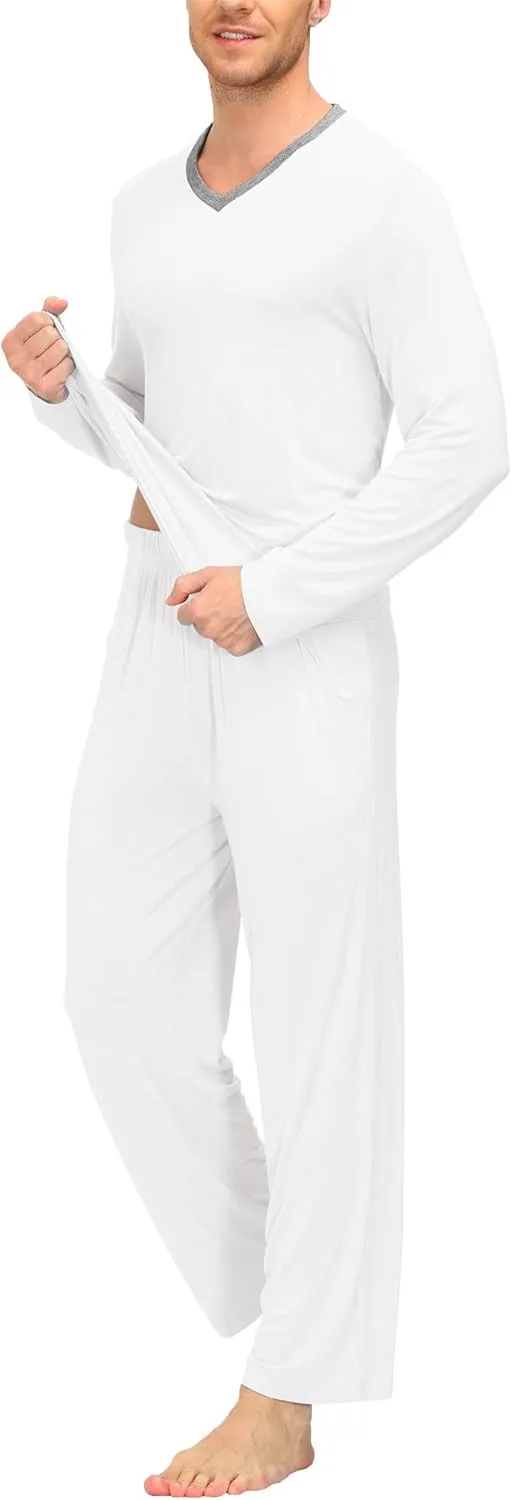 MoFiz Men's Pajama Set Pajamas for Men 2 Piece PJ Set with Long Sleeve Shirts & Plaid Pants with Pockets