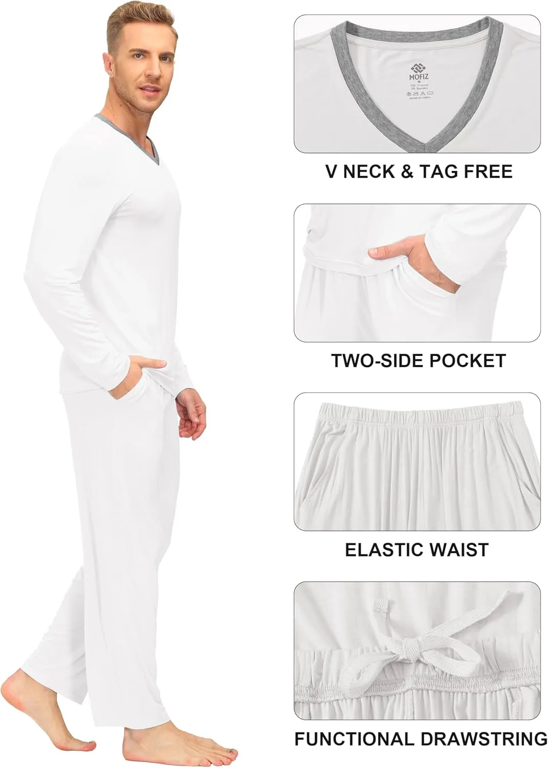 MoFiz Men's Pajama Set Pajamas for Men 2 Piece PJ Set with Long Sleeve Shirts & Plaid Pants with Pockets