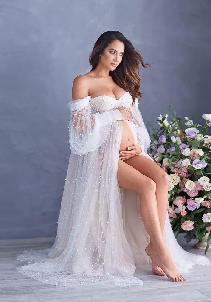 Molisa Women's Pearl Tulle Maternity Dress for Photoshoot Long Puffy Sleeve Off Shoulder Babyshower Bridal Pregnancy Gowns