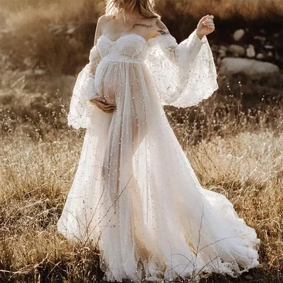 Molisa Women's Pearl Tulle Maternity Dress for Photoshoot Long Puffy Sleeve Off Shoulder Babyshower Bridal Pregnancy Gowns