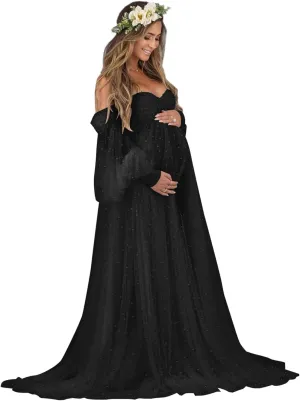 Molisa Women's Pearl Tulle Maternity Dress for Photoshoot Long Puffy Sleeve Off Shoulder Babyshower Bridal Pregnancy Gowns