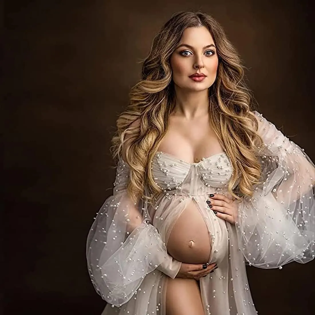 Molisa Women's Pearl Tulle Maternity Dress for Photoshoot Long Puffy Sleeve Off Shoulder Babyshower Bridal Pregnancy Gowns
