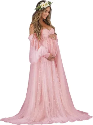 Molisa Women's Pearl Tulle Maternity Dress for Photoshoot Long Puffy Sleeve Off Shoulder Babyshower Bridal Pregnancy Gowns