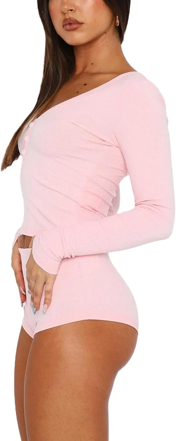 Multitrust Women Two Piece Lounge Set Long Sleeve Crop Tops and High Waist Shorts Ribbed Matching Pajamas Sets Loungewear