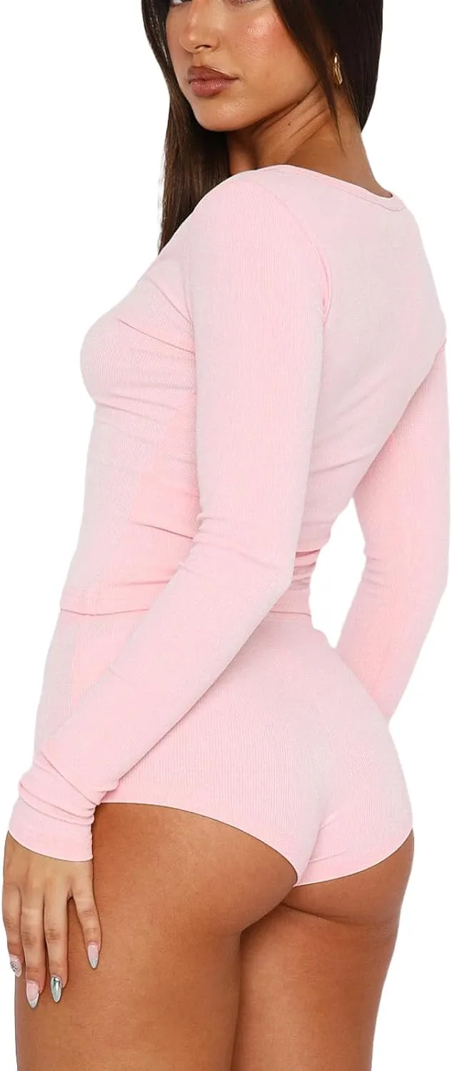 Multitrust Women Two Piece Lounge Set Long Sleeve Crop Tops and High Waist Shorts Ribbed Matching Pajamas Sets Loungewear