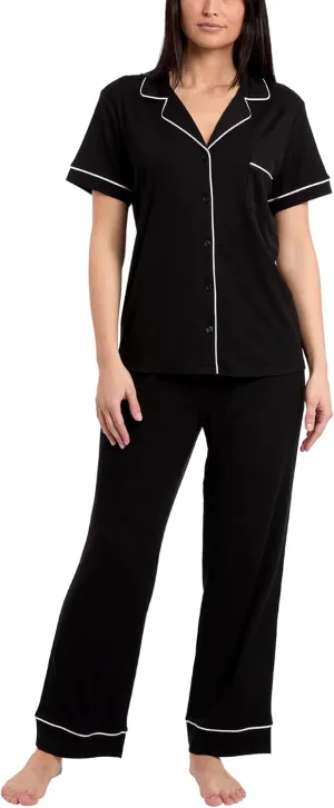 Nicole Miller New York Women's Pajamas 2 Piece Soft Ribbed Notch Collar Button Down PJ Set