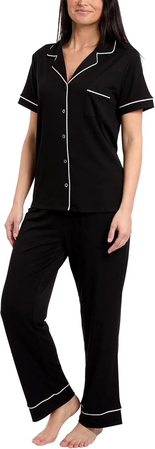 Nicole Miller New York Women's Pajamas 2 Piece Soft Ribbed Notch Collar Button Down PJ Set