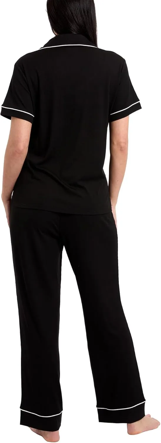 Nicole Miller New York Women's Pajamas 2 Piece Soft Ribbed Notch Collar Button Down PJ Set