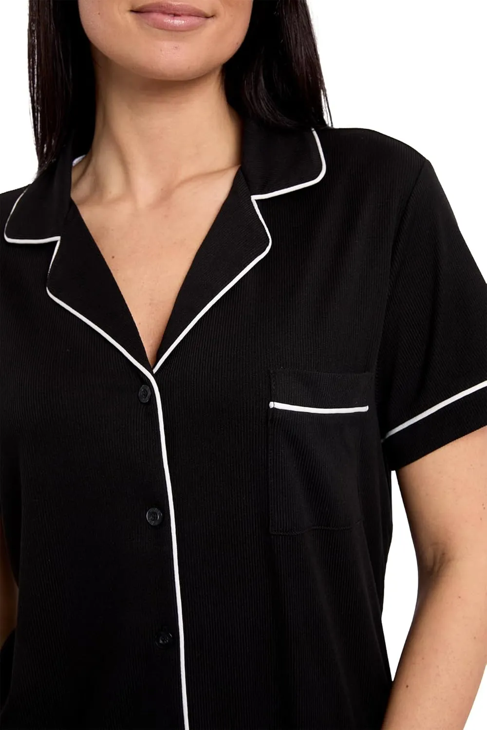 Nicole Miller New York Women's Pajamas 2 Piece Soft Ribbed Notch Collar Button Down PJ Set