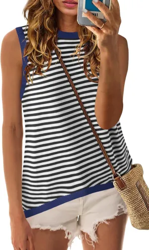 Nirovien Womens Striped Tank Tops Oversized Crewneck Sleeveless Shirts Casual Loose Fit Summer Tops