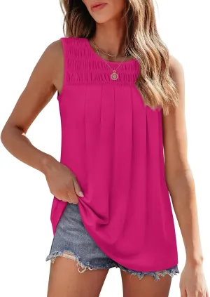 OFEEFAN Womens Tank Tops Summer Pleated Crew Neck Sleeveless Tops for Women Ruched Loose