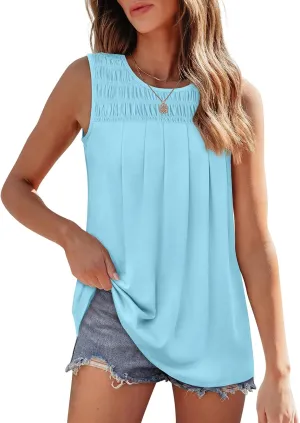 OFEEFAN Womens Tank Tops Summer Pleated Crew Neck Sleeveless Tops for Women Ruched Loose