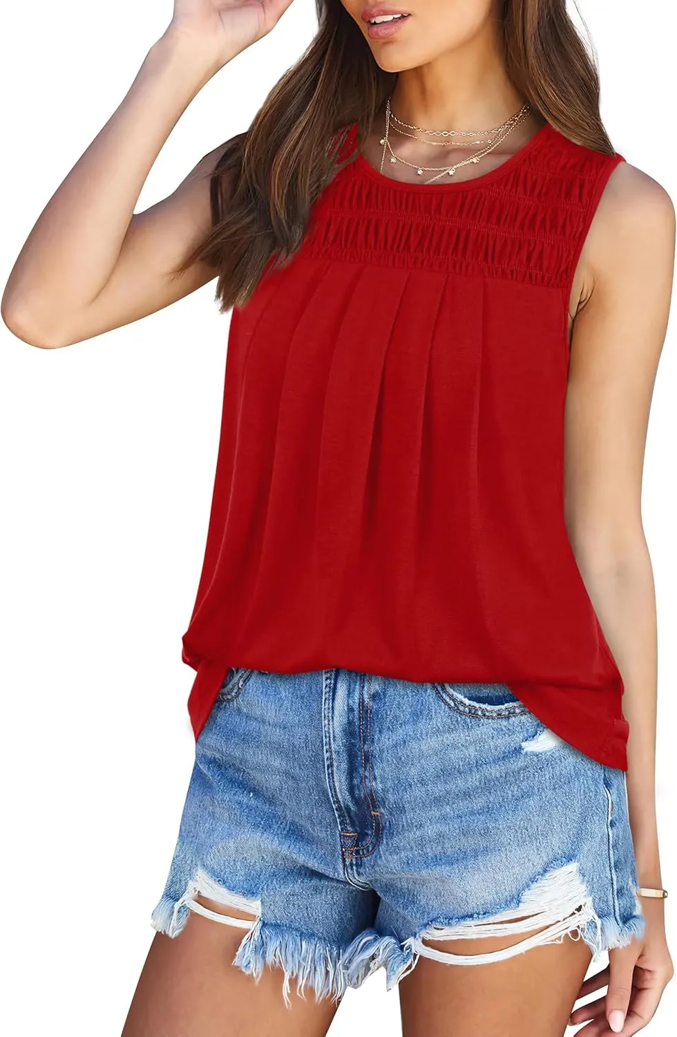 OFEEFAN Womens Tank Tops Summer Pleated Crew Neck Sleeveless Tops for Women Ruched Loose