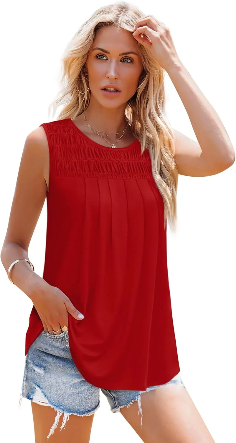 OFEEFAN Womens Tank Tops Summer Pleated Crew Neck Sleeveless Tops for Women Ruched Loose