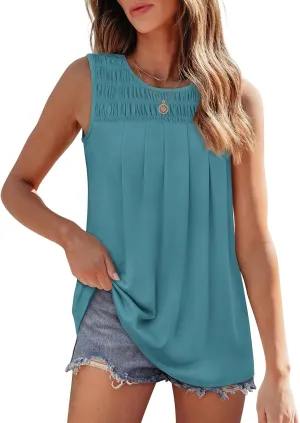 OFEEFAN Womens Tank Tops Summer Pleated Crew Neck Sleeveless Tops for Women Ruched Loose
