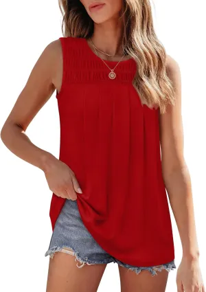 OFEEFAN Womens Tank Tops Summer Pleated Crew Neck Sleeveless Tops for Women Ruched Loose