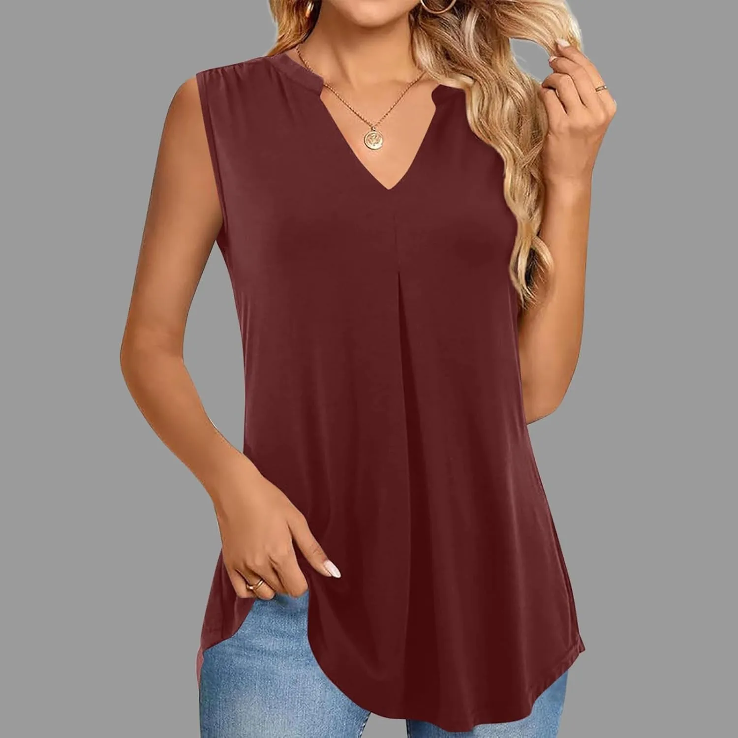 Oplxuo Women V Neck Pleated Tank Tops Trendy Dressy Sleeveless Shirts Casual Cute Blouses Solid Summer Tanks