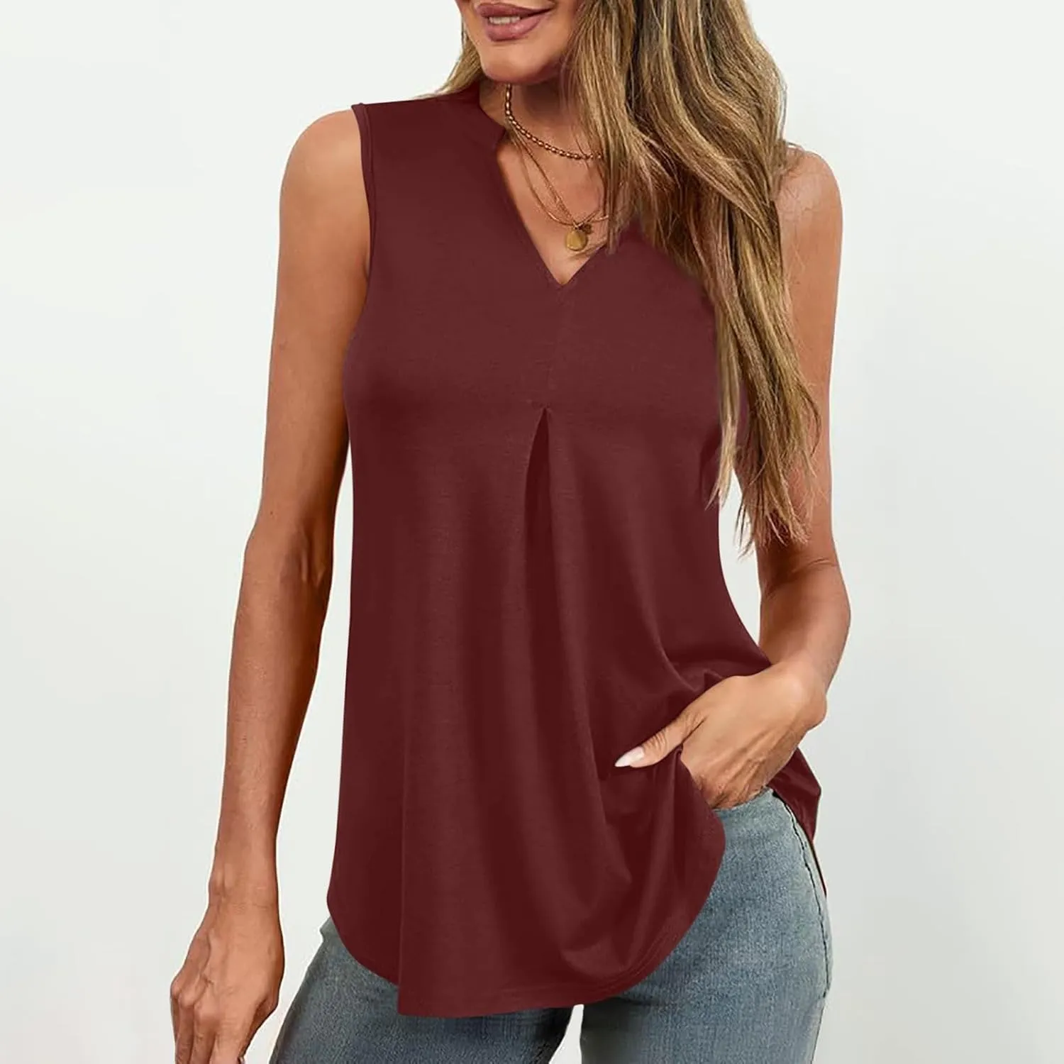 Oplxuo Women V Neck Pleated Tank Tops Trendy Dressy Sleeveless Shirts Casual Cute Blouses Solid Summer Tanks