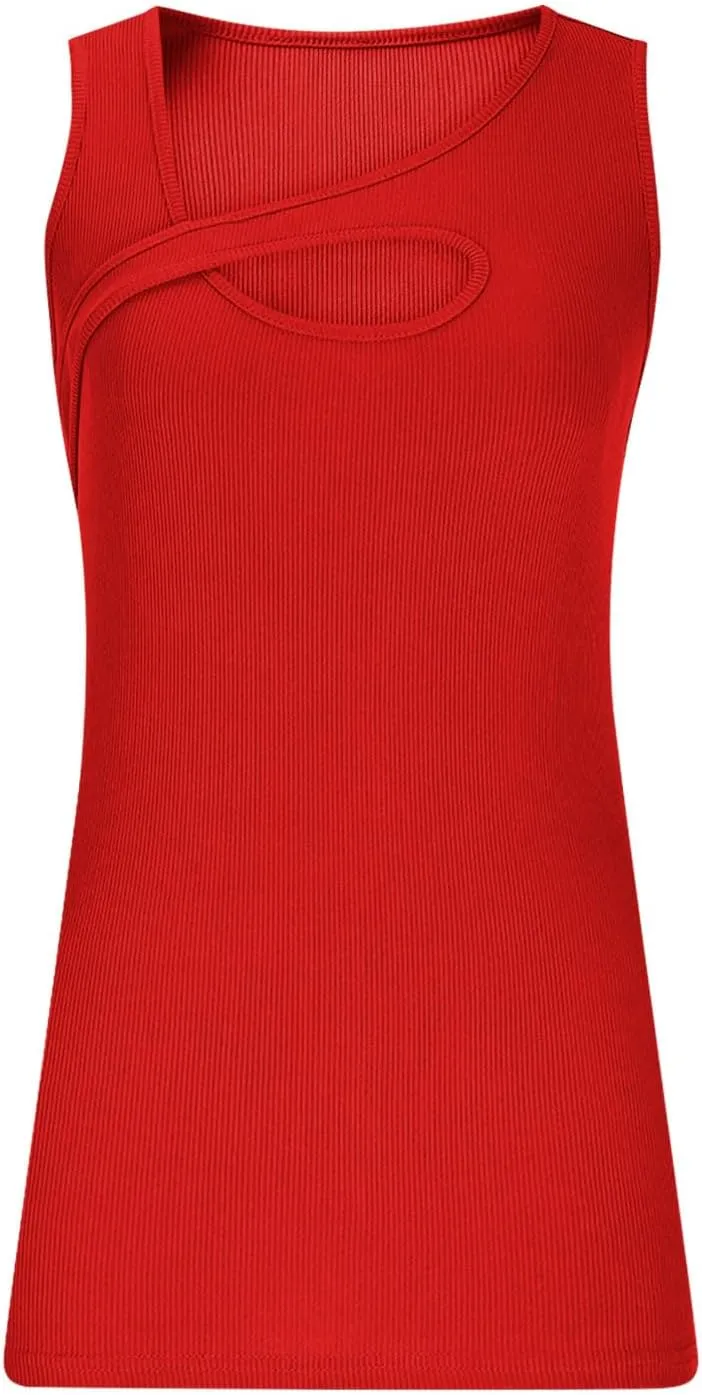 Oplxuo Womens Summer Cutout Tank Tops Asymmetric Neck Sleeveless Shirts Ribbed Tanks Slim Fitted Y2K Sexy Basic Tee Shirts