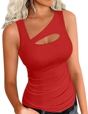 Oplxuo Womens Summer Cutout Tank Tops Asymmetric Neck Sleeveless Shirts Ribbed Tanks Slim Fitted Y2K Sexy Basic Tee Shirts