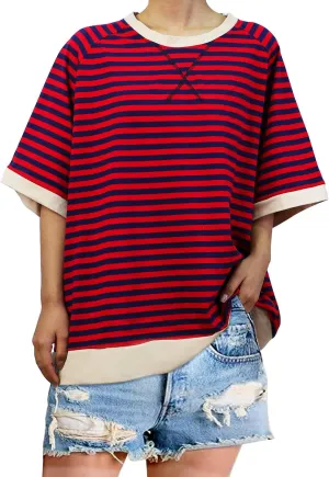 Oversized T-Shirts Striped Crewneck Short Sleeve Casual Tops Loose Blouses Tops for Women Trendy