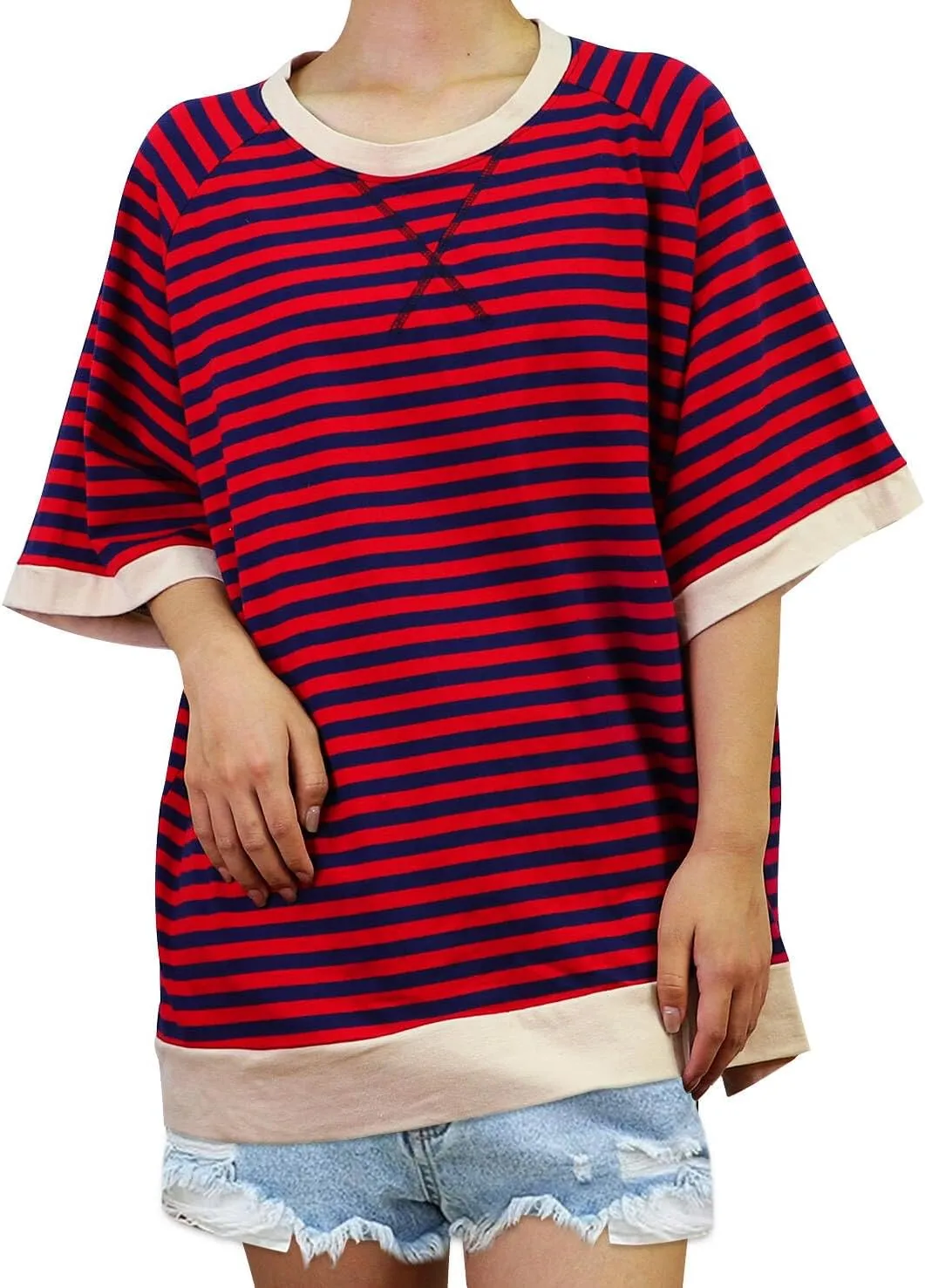 Oversized T-Shirts Striped Crewneck Short Sleeve Casual Tops Loose Blouses Tops for Women Trendy
