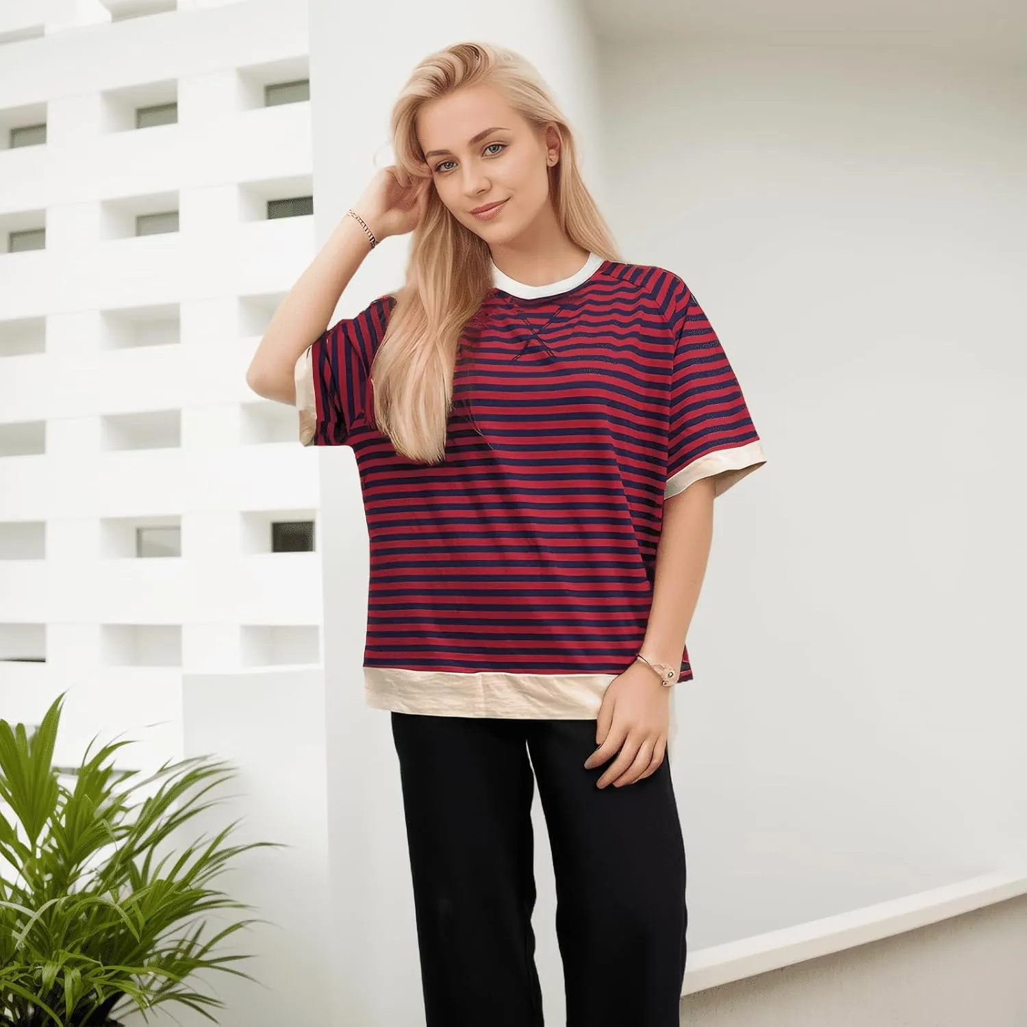 Oversized T-Shirts Striped Crewneck Short Sleeve Casual Tops Loose Blouses Tops for Women Trendy