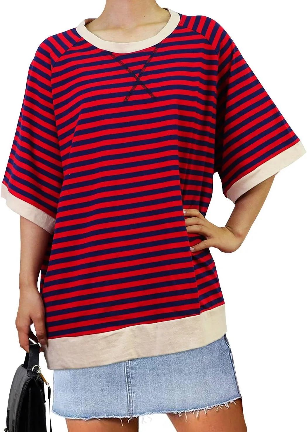 Oversized T-Shirts Striped Crewneck Short Sleeve Casual Tops Loose Blouses Tops for Women Trendy