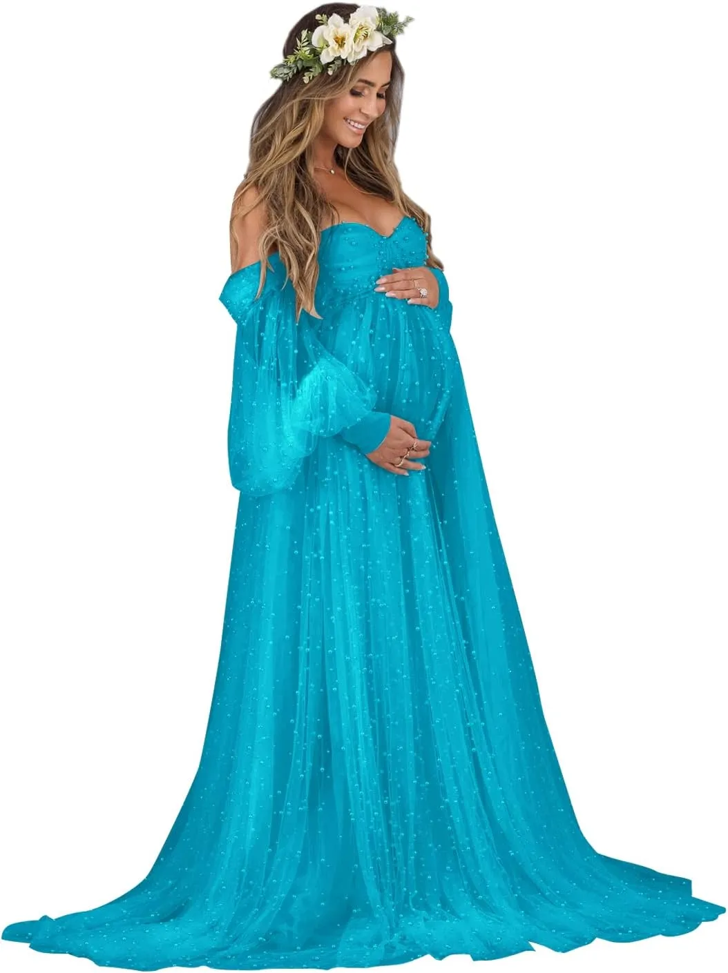 Pearl Tulle Maternity Dress for Photoshoot Long Puffy Sleeve Off Shoulder Babyshower Bridal Pregnancy Gowns