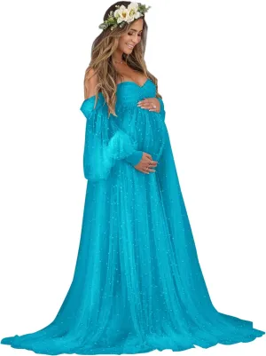 Pearl Tulle Maternity Dress for Photoshoot Long Puffy Sleeve Off Shoulder Babyshower Bridal Pregnancy Gowns