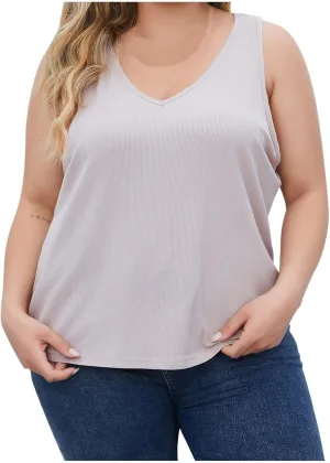 Plus Size Tank Tops for Women Ribbed V Neck Sleeveless Shirt Solid Color Oversized Basic Summer Casual Trendy Tanks