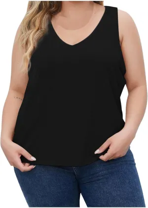 Plus Size Tank Tops for Women Ribbed V Neck Sleeveless Shirt Solid Color Oversized Basic Summer Casual Trendy Tanks