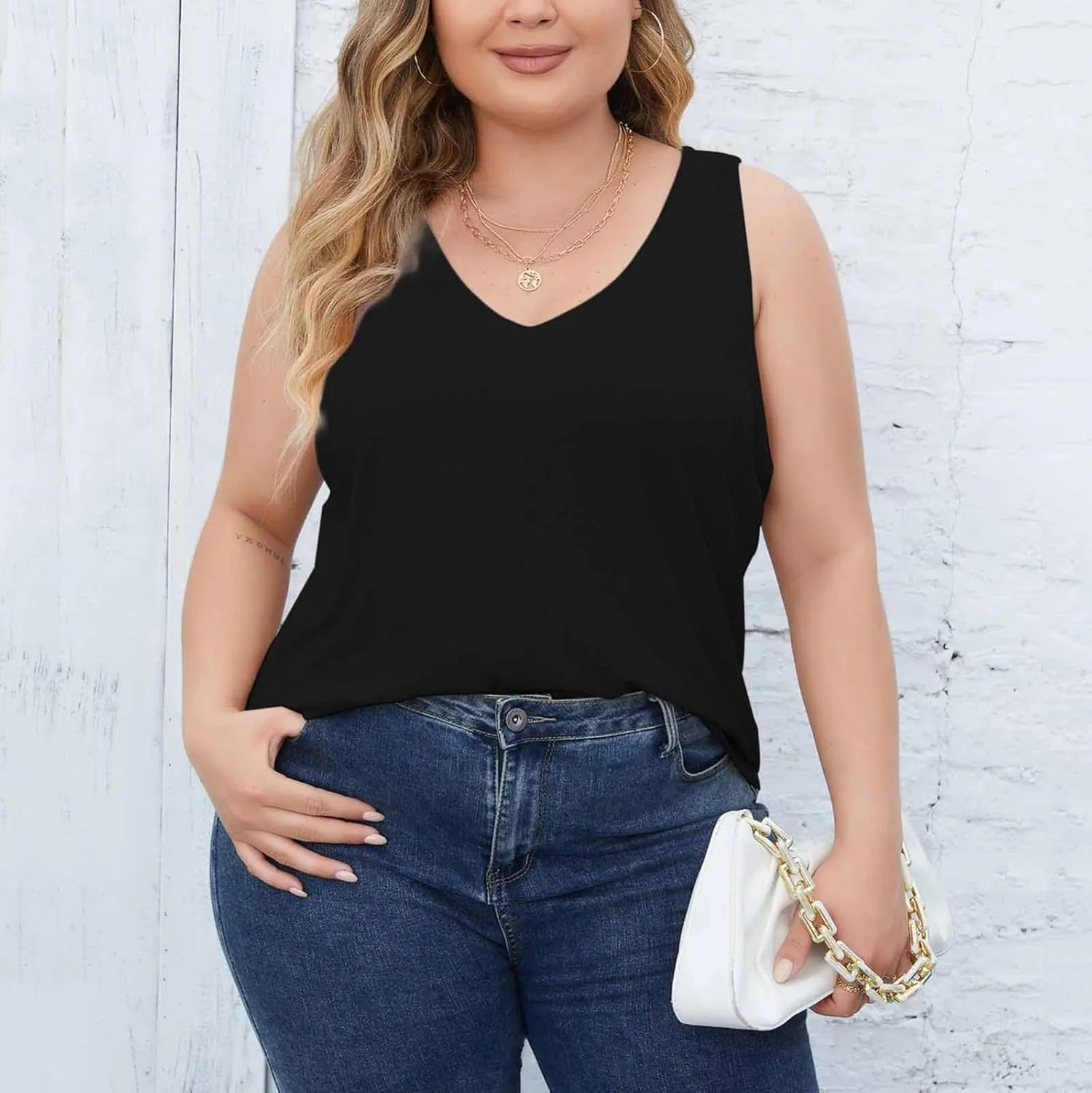 Plus Size Tank Tops for Women Ribbed V Neck Sleeveless Shirt Solid Color Oversized Basic Summer Casual Trendy Tanks