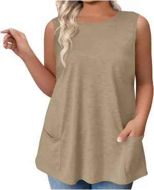 Plus Size Tanks for Women Summer Loose Fit Tunic Top Crew Neck Sleeveless Tee Workout Shirts with Pockets