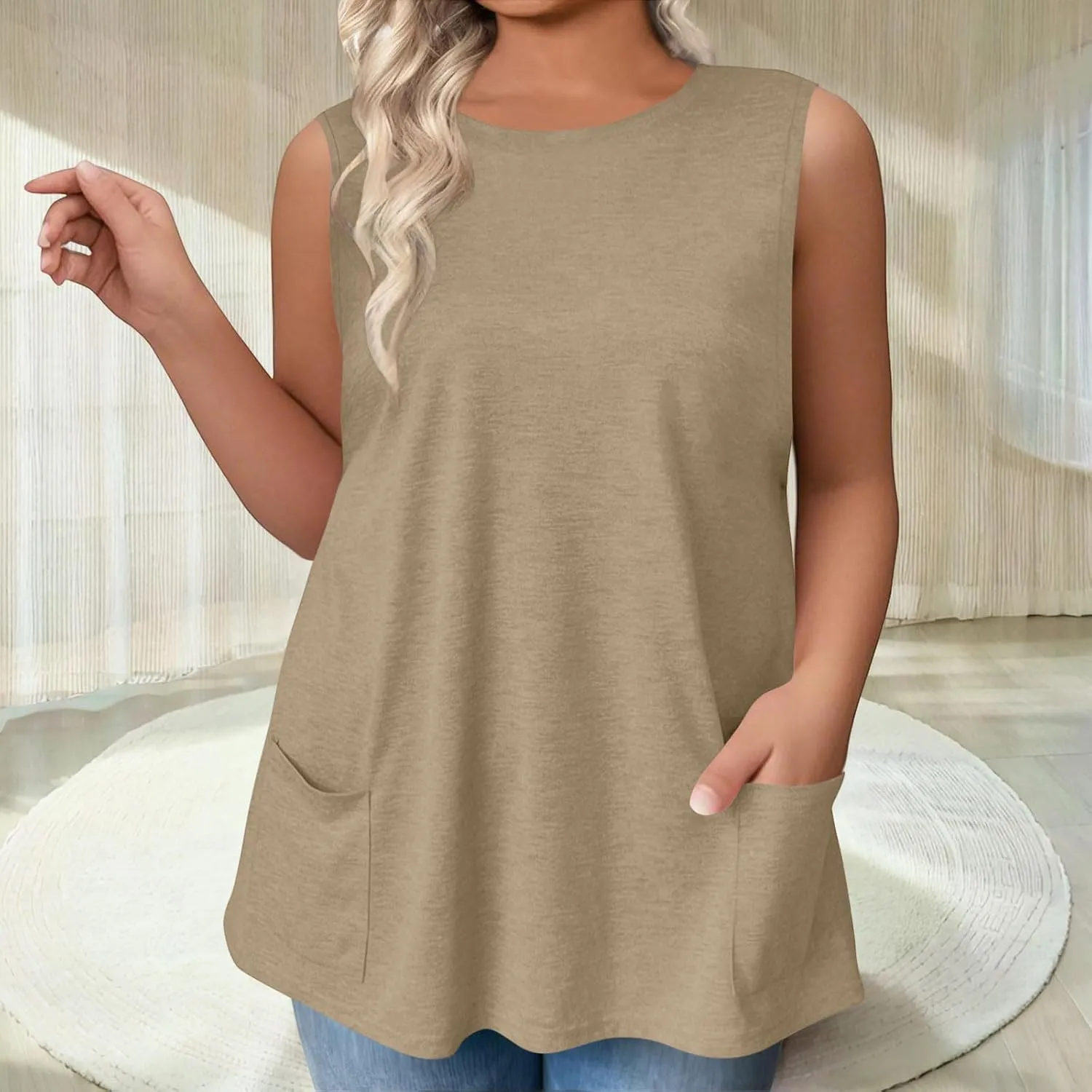 Plus Size Tanks for Women Summer Loose Fit Tunic Top Crew Neck Sleeveless Tee Workout Shirts with Pockets