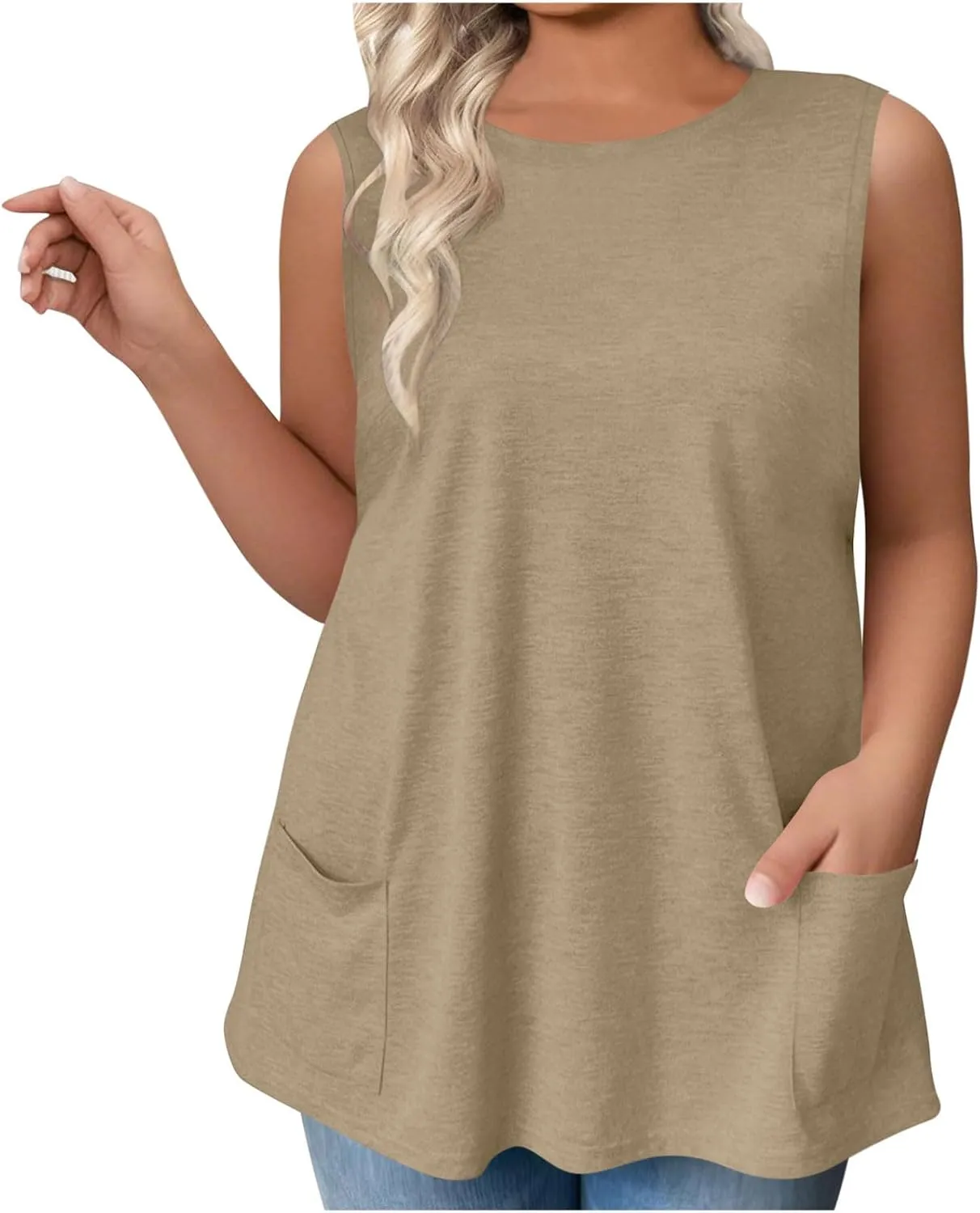 Plus Size Tanks for Women Summer Loose Fit Tunic Top Crew Neck Sleeveless Tee Workout Shirts with Pockets