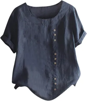 Plus Size Tops Women Vintage Short Sleeve Cotton Linen Blouse Early Autumn O-Neck Cartoon Print Blouse Top T-Shirt