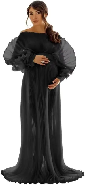 Puffy Ruffle Maternity Dresses for Photoshoot Sheer Tulle Maxi Pregnancy Dress for Baby Shower