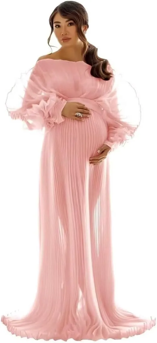 Puffy Ruffle Maternity Dresses for Photoshoot Sheer Tulle Maxi Pregnancy Dress for Baby Shower
