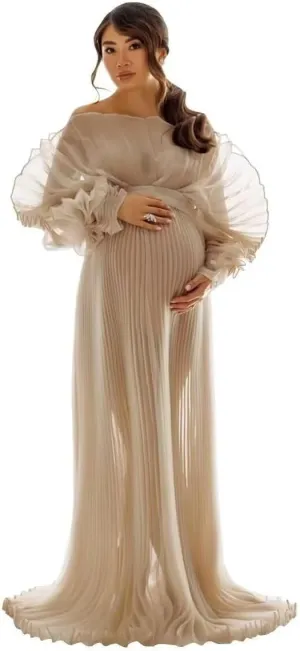 Puffy Ruffle Maternity Dresses for Photoshoot Sheer Tulle Maxi Pregnancy Dress for Baby Shower