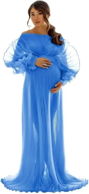 Puffy Ruffle Maternity Dresses for Photoshoot Sheer Tulle Maxi Pregnancy Dress for Baby Shower
