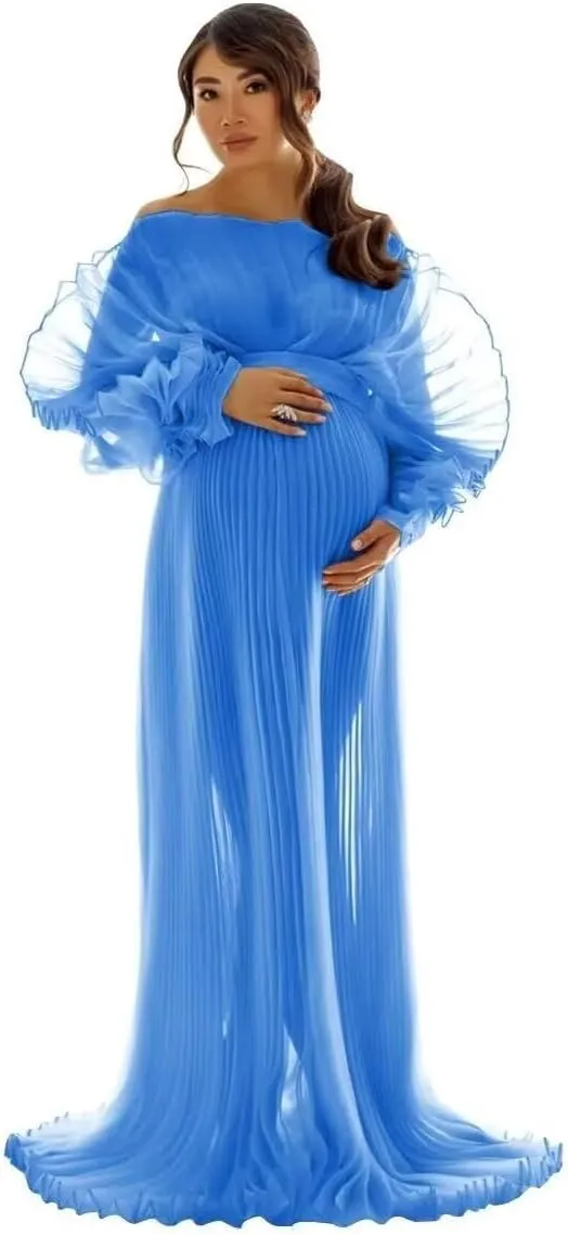 Puffy Ruffle Maternity Dresses for Photoshoot Sheer Tulle Maxi Pregnancy Dress for Baby Shower