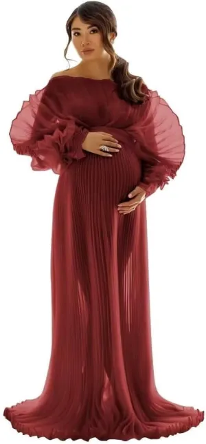 Puffy Ruffle Maternity Dresses for Photoshoot Sheer Tulle Maxi Pregnancy Dress for Baby Shower