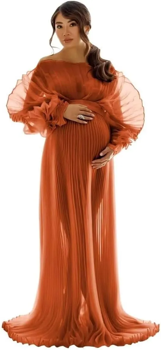 Puffy Ruffle Maternity Dresses for Photoshoot Sheer Tulle Maxi Pregnancy Dress for Baby Shower