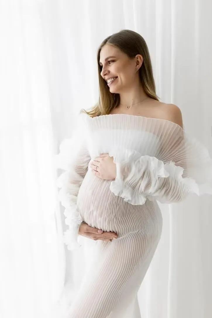 Puffy Ruffle Maternity Dresses for Photoshoot Sheer Tulle Maxi Pregnancy Dress for Baby Shower