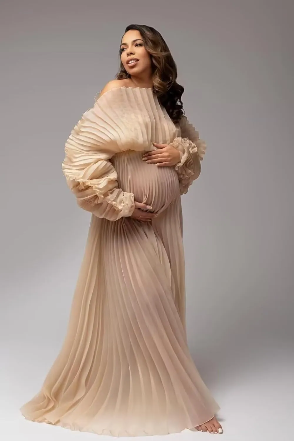 Puffy Ruffle Maternity Dresses for Photoshoot Sheer Tulle Maxi Pregnancy Dress for Baby Shower