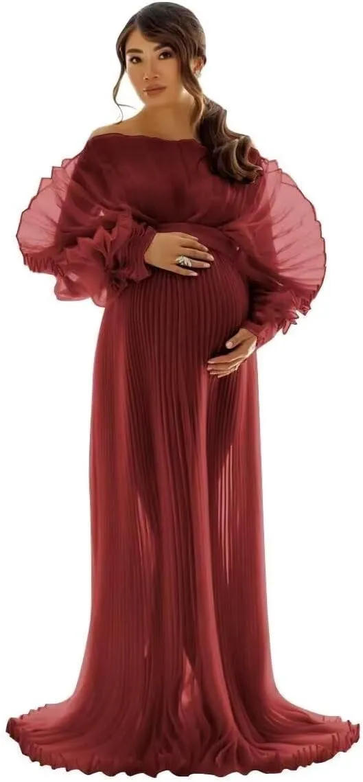 Puffy Ruffle Maternity Dresses for Photoshoot Sheer Tulle Maxi Pregnancy Dress for Baby Shower