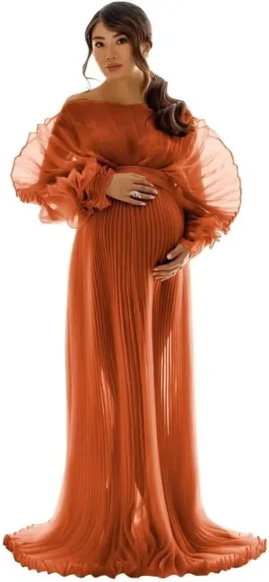 Puffy Ruffle Maternity Dresses for Photoshoot Sheer Tulle Maxi Pregnancy Dress for Baby Shower