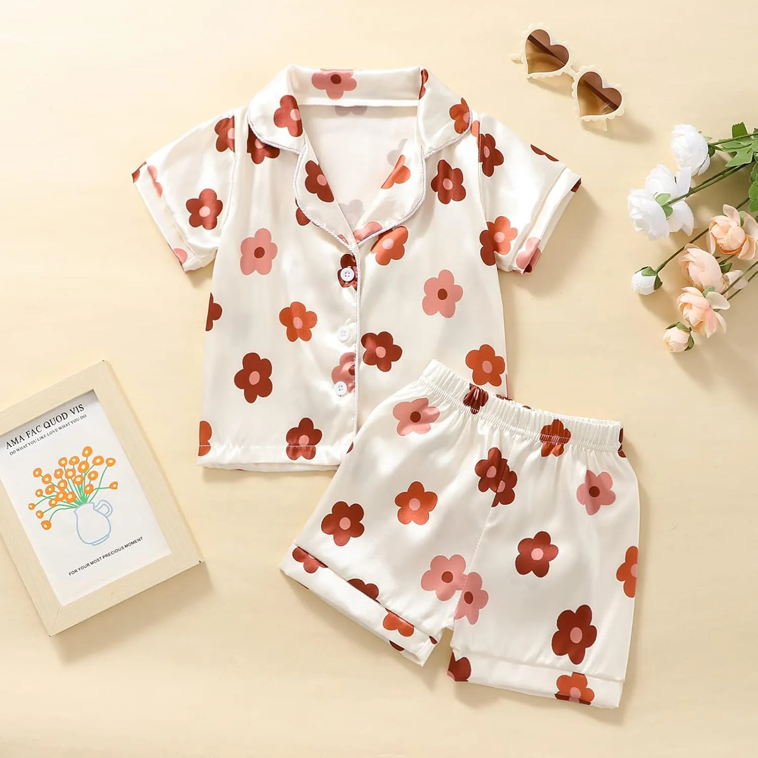 Qiylii 1-6Y Toddler Girls Floral Silk Pajamas Short Sleeve Button-Up Top Shorts Summer 2PC Flowers Satin Pajamas Set