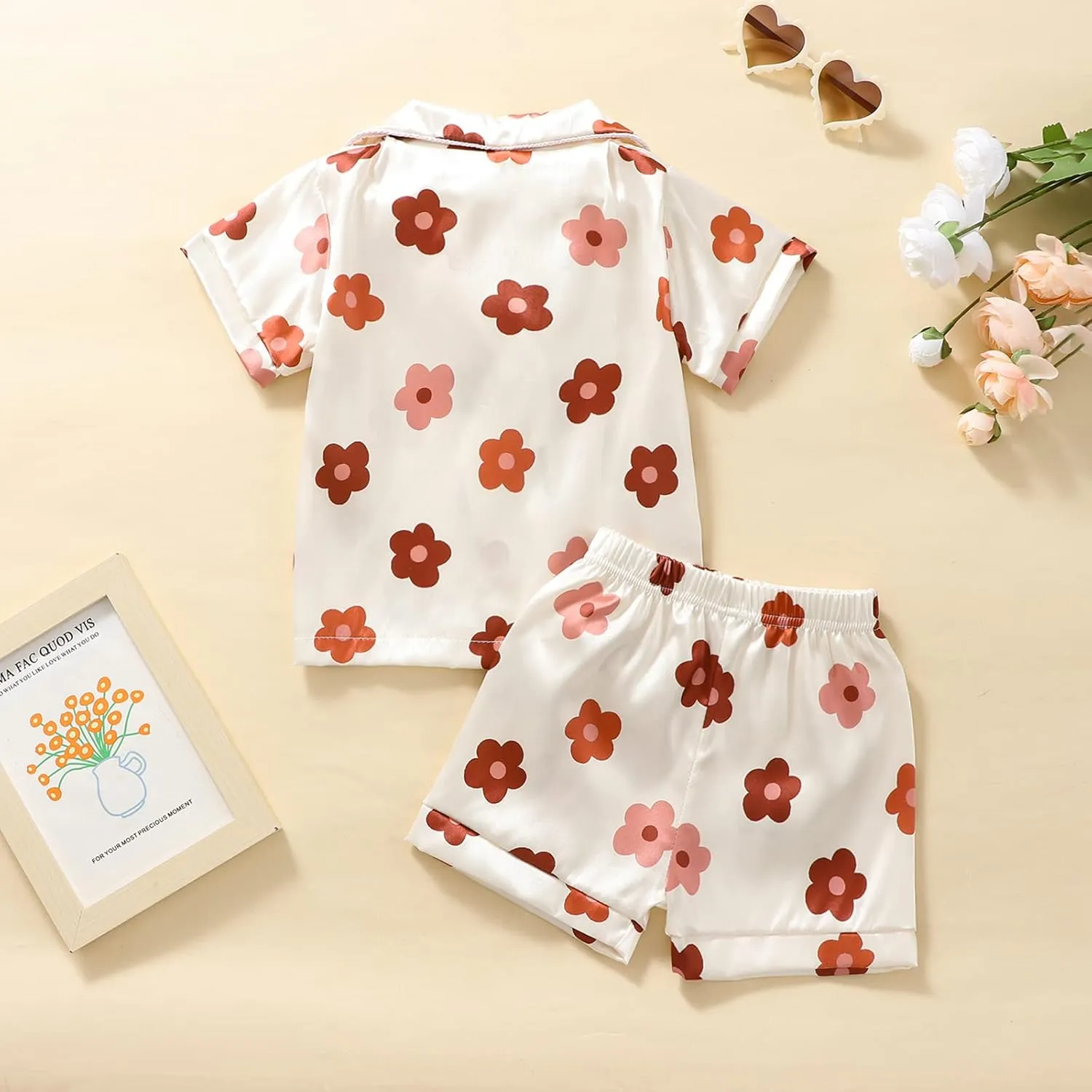 Qiylii 1-6Y Toddler Girls Floral Silk Pajamas Short Sleeve Button-Up Top Shorts Summer 2PC Flowers Satin Pajamas Set